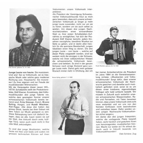 Helvetia stellt junge Talente vor 1: Fritz Dünner, Bruno Syfrig, Ruedi Wachter/Stanti Schönbächler