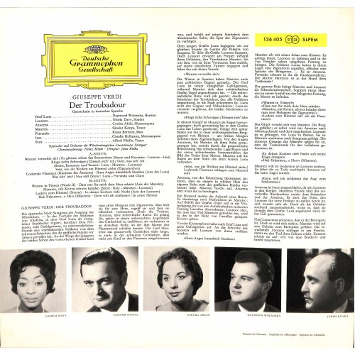 CD + LP: Giuseppe Verdi, Gloria Davy ∙ Cvetka Ahlin ∙ Sandor Konya ∙ Raymond Wolansky, Janos Kulka – Der Troubadour