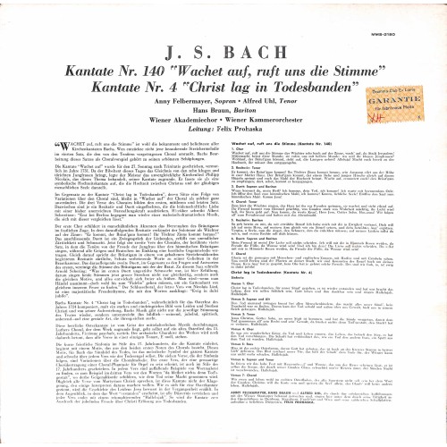 Bach, Wiener Akademiechor, Wiener Kammerorchester Felix Prohaska / Anny Felbermeyer, Alfred Uhl, Hans Braun – Bach Kantate Nr. 140 / Kantate Nr. 4
