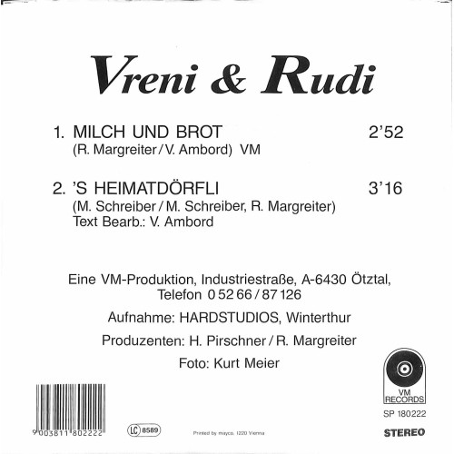 Occ. Single Vinyl: Vreni & Rudi - Milch und Brot + 's Heimatdörfli