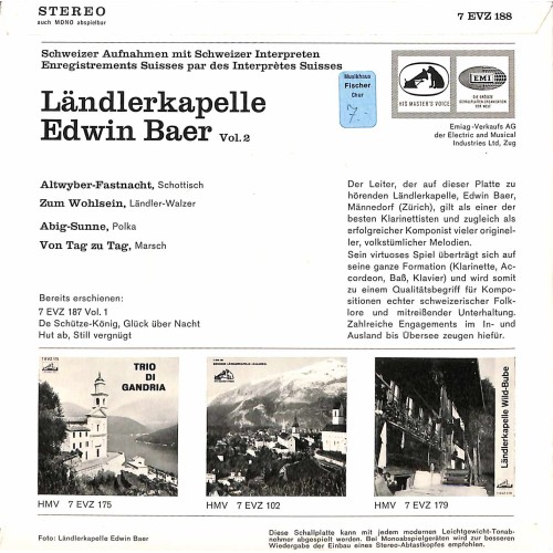 Occ. EP Vinyl: Ländlerkapelle Edwin Baer Vol. 2