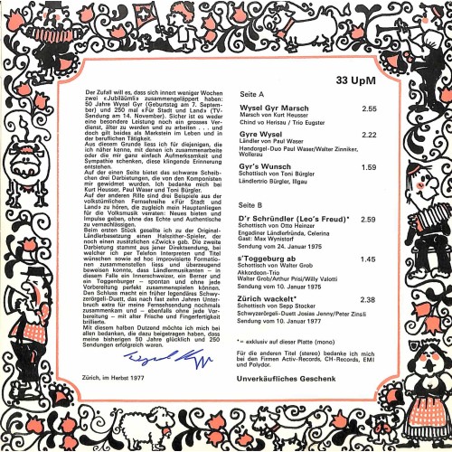 Cd-Kopie von EP Vinyl: Wysel Gyr - EP - Rarität von 1977 - Wysel Gyr Marsch u.a. - 33 UpM