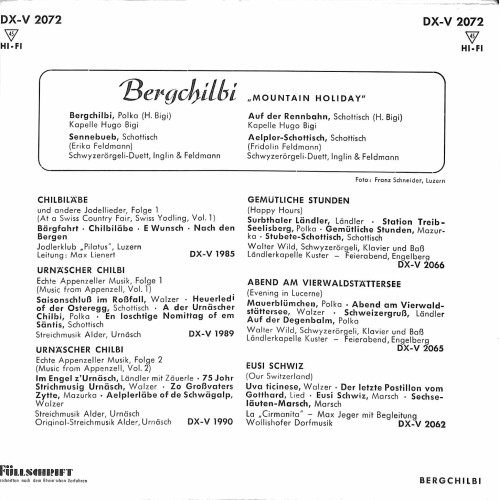 Occ. EP Vinyl:  Kapelle Hugo Bigi, Schwyzerörgeli-Duett Inglin & Feldmann – Bergchilbi = "Mountain Holiday"