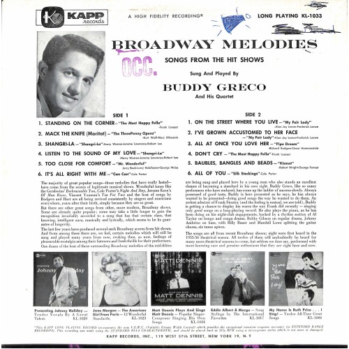 LP + CD: Buddy Greco and his Quartet - Broadway Melodies