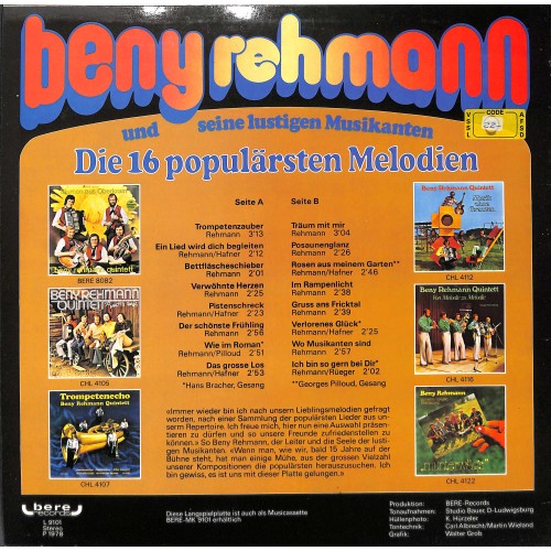 CD-Kopie von Vinyl: Beny Rehmann - die 16 populärsten Melodien - 1978