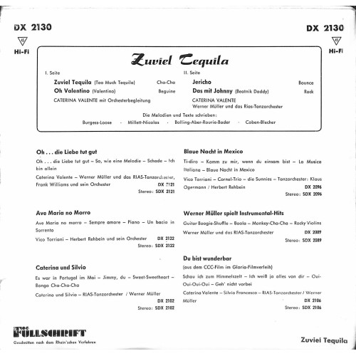 Single EP: Caterina Valente - Zuviel Tequila, Oh Valentino, Das mit Johnny, Jericho