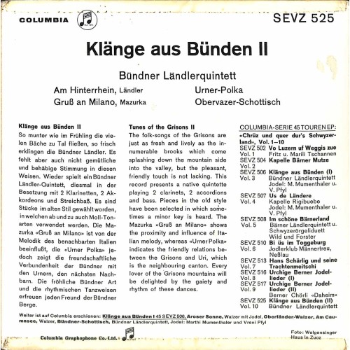Single EP: Bündner Ländlerquintett - Am Hinterrhein u.a.