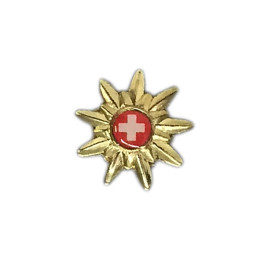 Pin: Goldblume mit Schweizerkreuz