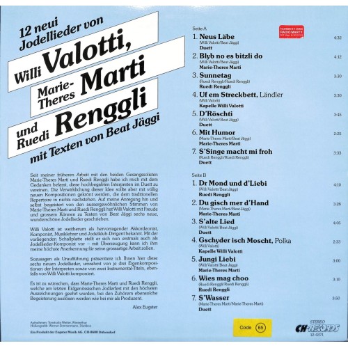 CD Willi Valotti, Marie-Theres Marti, Ruedi Renggli - 12 neui Jodellieder -1986