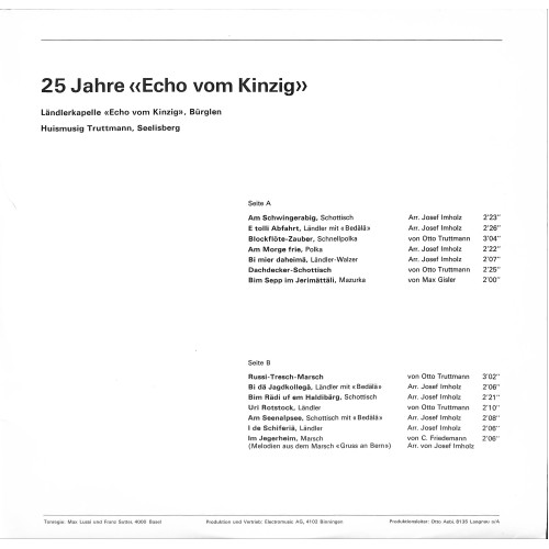 CD-Kopie von Vinyl: Ländlerapelle «Echo vom Kinzig», Bürglen, Huismusig Truttmann, Seelisberg – 25 Jahre Echo Vom Kinzig