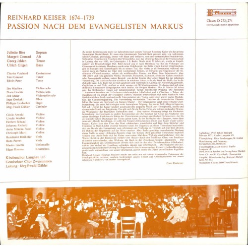 CD Erstaufnahme Markus Passion - Reinhard Keiser  - Doppel-CD