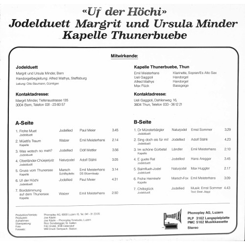 CD Jodelduett Margrit und Ursula Minder, Kapelle Thunerbuebe - Uf der Höchi