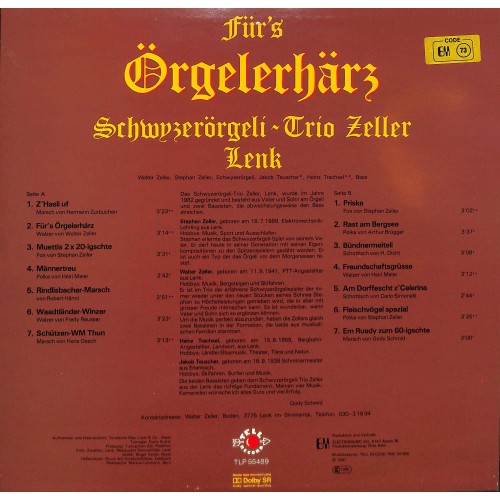 CD Schwyzerörgeli-Trio Zeller Lenk - Für's Örgelerhärz - 1987