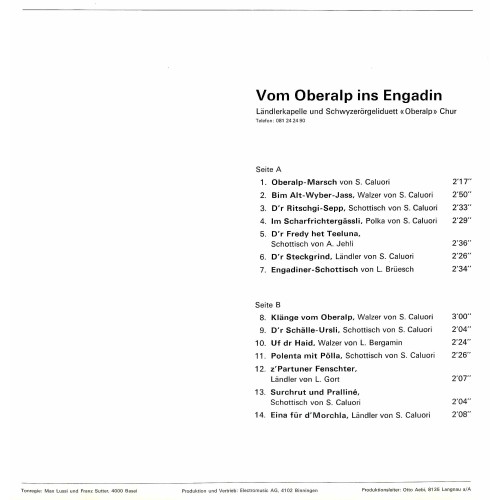 CD-Kopie von Vinyl: Vom Oberalp ins Engadin - LK und SD Oberalp Chur