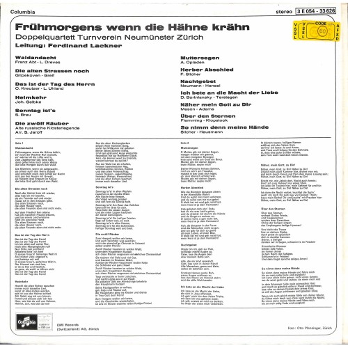 CD-Kopie von Vinyl: Doppelquartett Turnverein Neumünster Zürich - Frühmorgens wenn die Hähne krähen