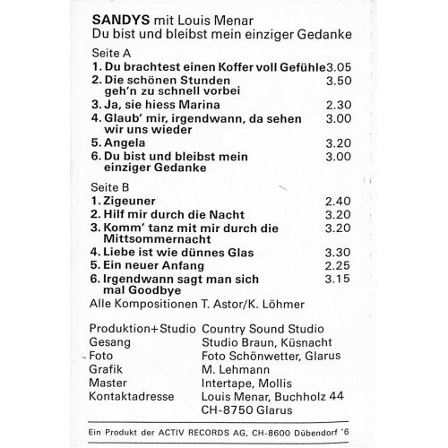 CD Sandys mit Louis Menar - Du bist und bleibst mein einziger Gedanke