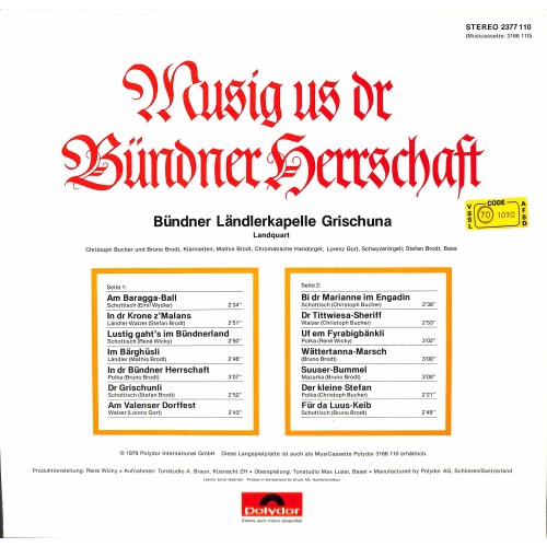 CD-Kopie von Vinyl: Bündner Ländlerkapelle Grischuna Landquart - Musig us dr Bündner Herrschaft - 1979