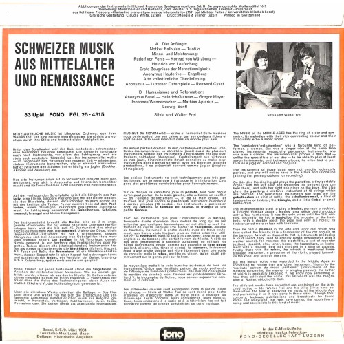 CD-Kopie von Vinyl: Schweizer Musik aus Mittelalter und Renaissance - Silvia und Walter Frei
