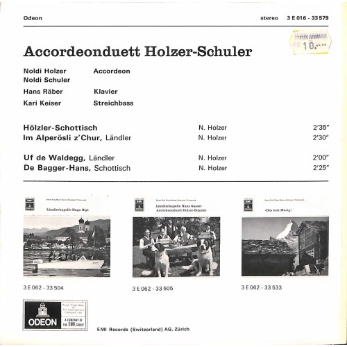 Occ. EP Vinyl: Accordeonduo Holzer-Schuler - Noldi Holzer, Noldi Schuler, Hans Räber, Kari Keiser