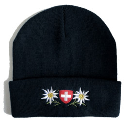 Mütze: bestickt, Schweizer Kreuz - Edelweiss