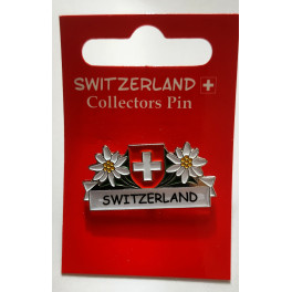 Pin: Schweizer Kreuz als Schild mit beidseitigem Edelweiss / Switzerland