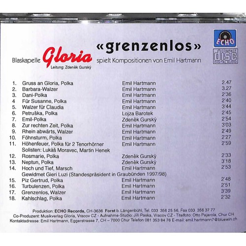 CD-Kopie Blaskapelle Gloria spielt Kompositionen von Emil Hartmann - grenzenlos