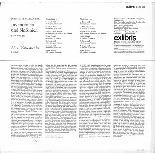 LP Hans Vollenweider, Cembalo - J.S.Bach Inventionen und Sinfonien - 1972