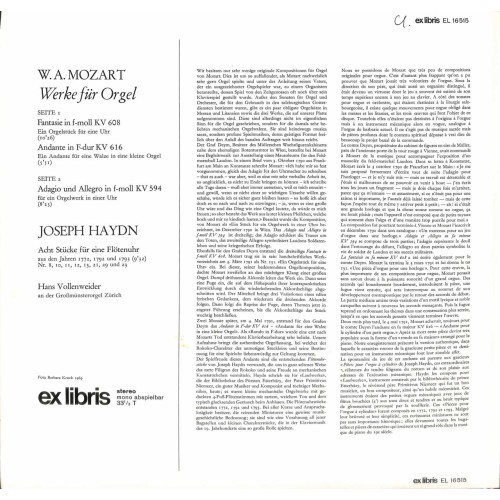 LP+CD: Hans Vollenweider an der Grossmünsterorgel Zürich - Orgelwerke Mozart Haydn