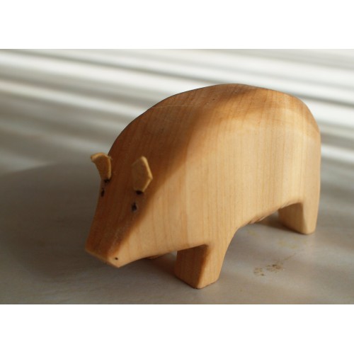 Holztiere geschnitzt: Schwein / Sau mit Leder-Ohren
