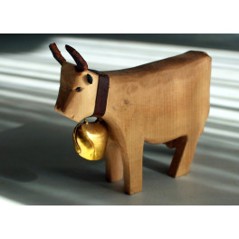 Holztiere geschnitzt: Kuh mit Glocke, Lederriemen