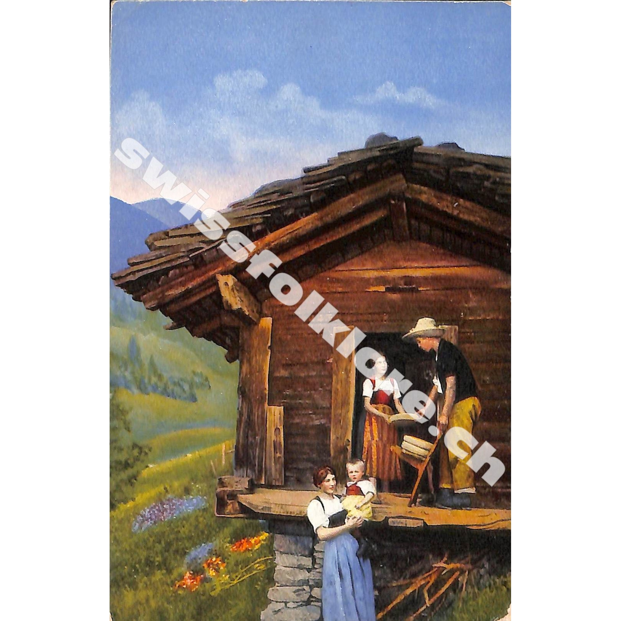 Postkarte: Motiv Familie mit Baby vor Stall Postkarte: Motiv Familie mit Baby vor Stall