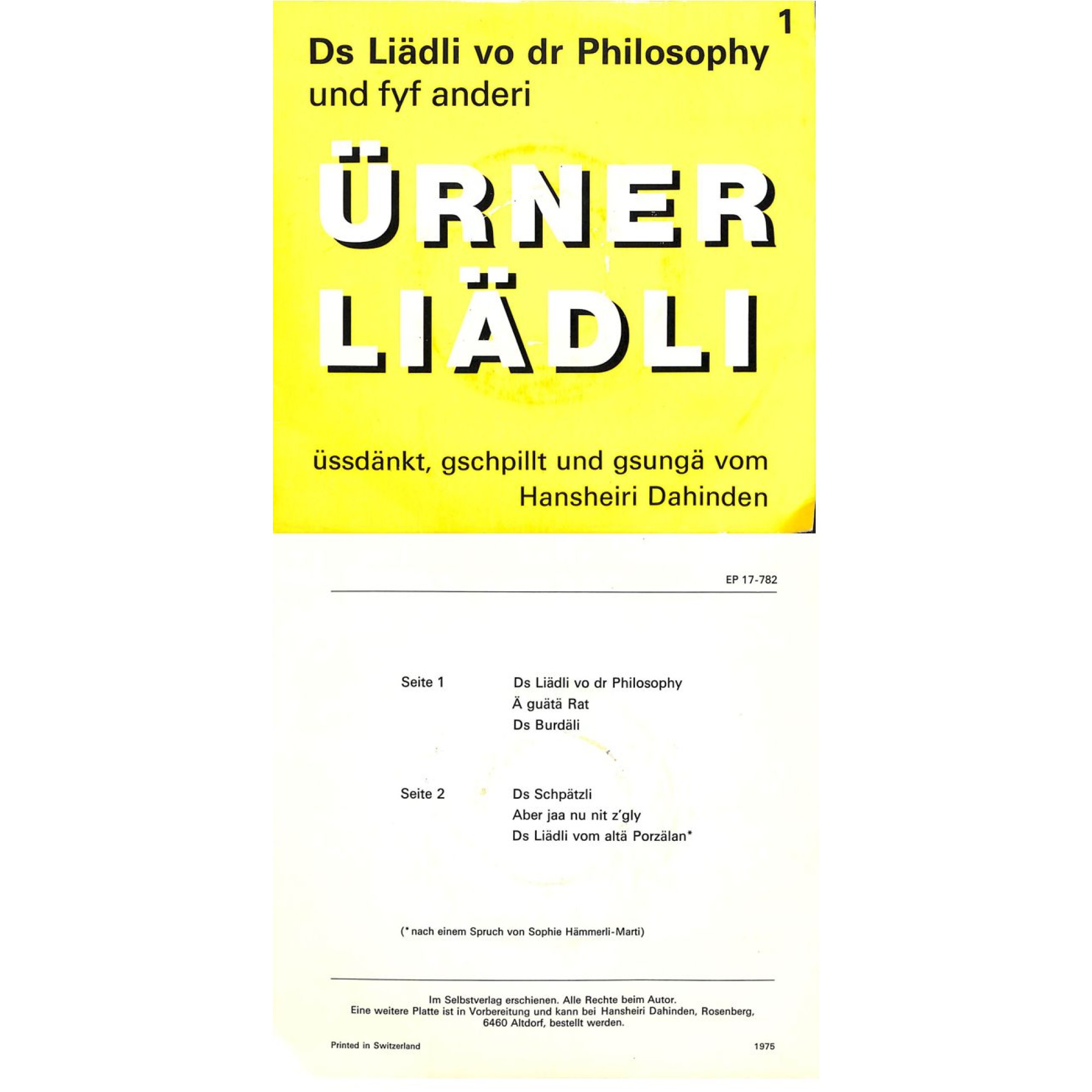 Occ. EP Vinyl: Hansheiri Dahinden - Ürner Liädli Occ. EP Vinyl: Hansheiri Dahinden - Ürner Liädli