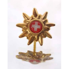 Pin: Goldblume mit Schweizerkreuz