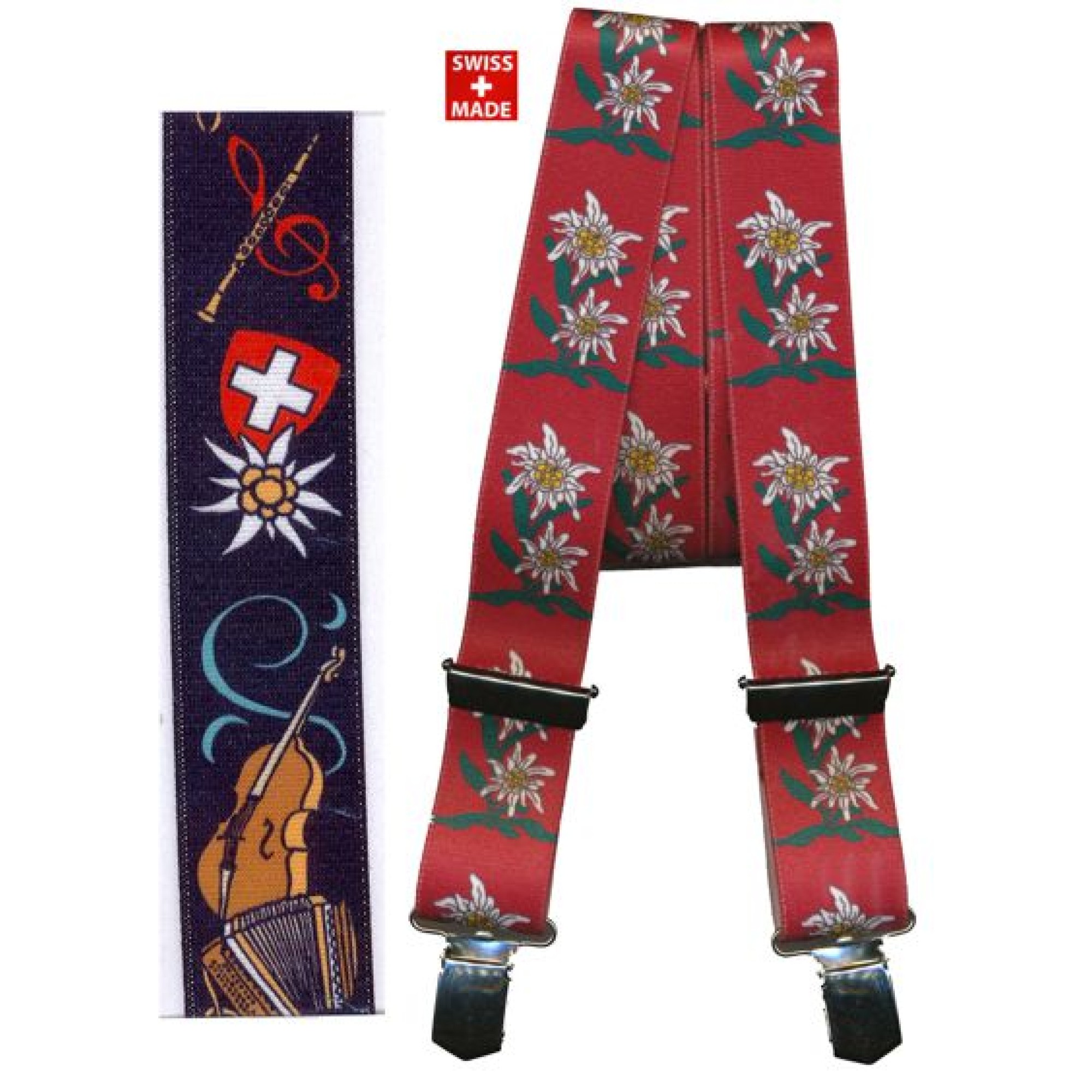 Hosenträger Schweizer-Kreuz, Edelweiss, Instrumente - 115 cm lang Hosenträger Schweizer-Kreuz, Edelweiss, Instrumente - 115 cm lang