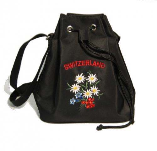 Tasche: bestickt, SWITZERLAND mit Edelweiss, schwarz