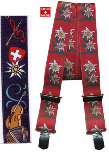 Hosenträger Schweizer-Kreuz, Edelweiss, Instrumente - 115 cm lang