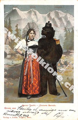 Postkarte: Tracht Berner Frau mit Bär