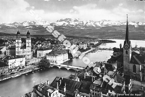 Postkarte: Zürich und die Alpen