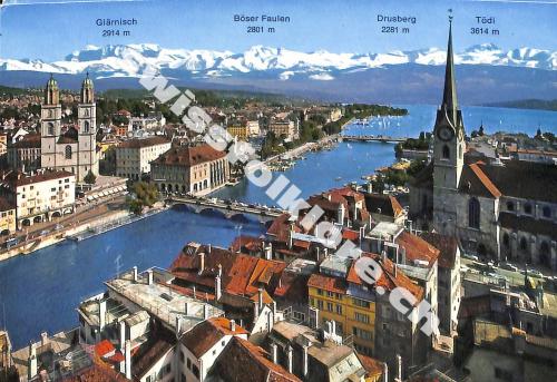 Postkarte: Zürich Grossmünster, Fraumünster und die Alpen