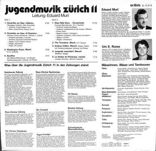 CD-Kopie von Vinyl: Jugendmusik Zürich 11 - Leitung Eduard Muri - 1982